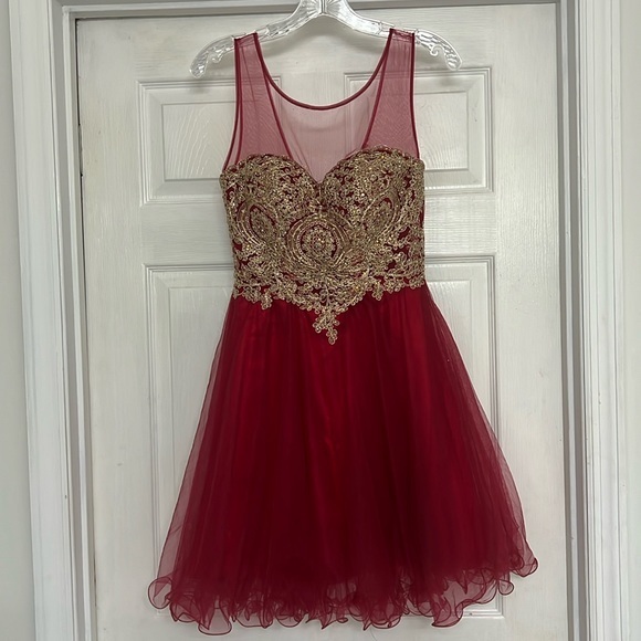 Homecoming-Prom Short Tulle Ball Gown with Gold Applique Excellent Condition